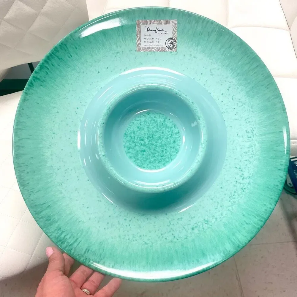 NWT Panama Jack Home Big Green Swirl Melamine Serving Tray Chip & Dip Platter